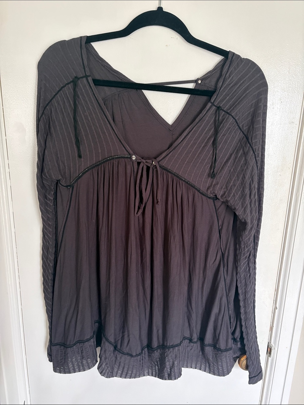 Boho Free People NWT Tie-Front Peasant Top in Deep Charcoal